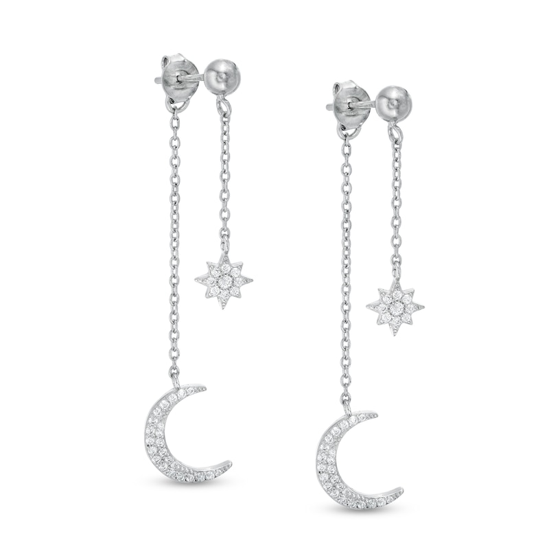 Cubic Zirconia Star and Moon Double Dangle Drop Earrings in Solid ...