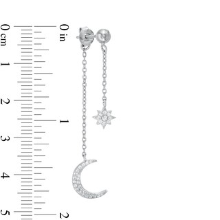 Solid Sterling Silver CZ Star and Moon Double Dangle Drop Earrings