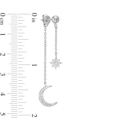 Solid Sterling Silver CZ Star and Moon Double Dangle Drop Earrings