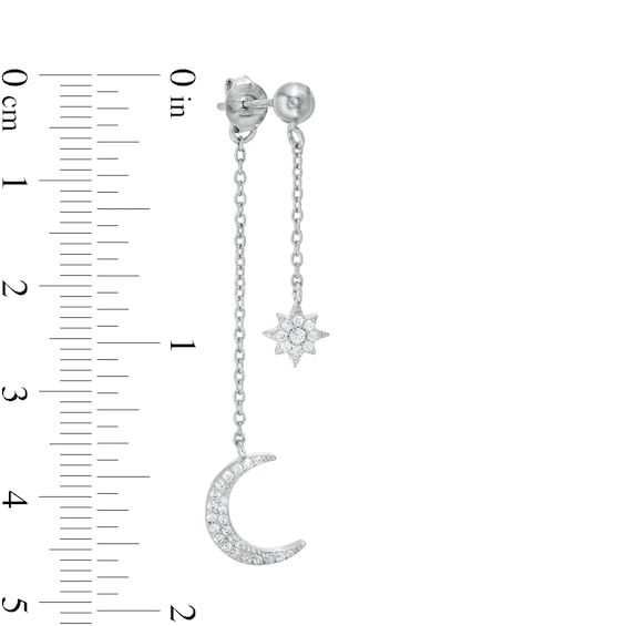 Solid Sterling Silver CZ Star and Moon Double Dangle Drop Earrings