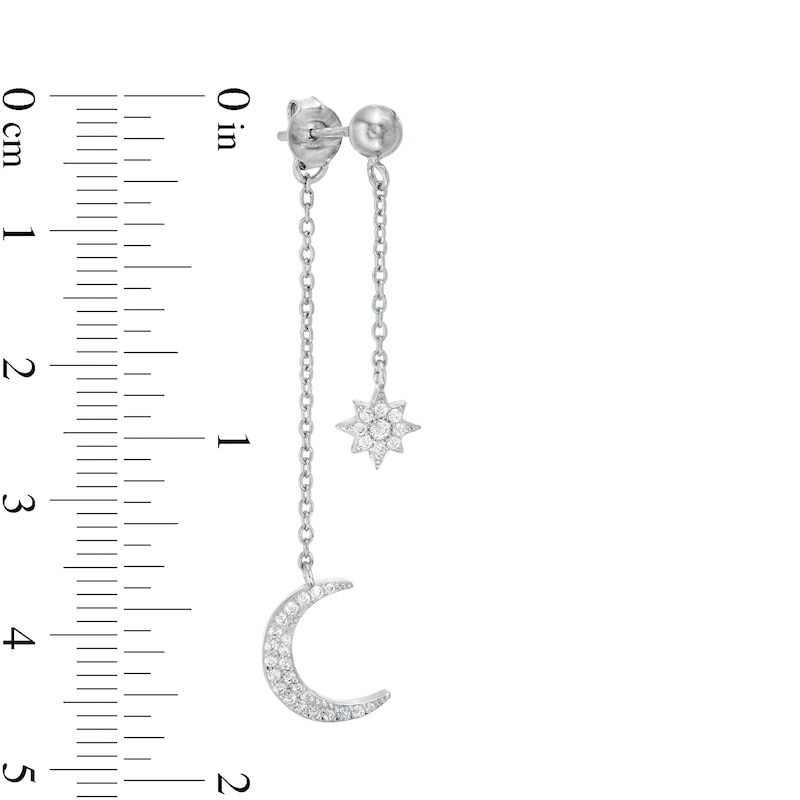 Cubic Zirconia Star and Moon Double Dangle Drop Earrings in Solid Sterling Silver