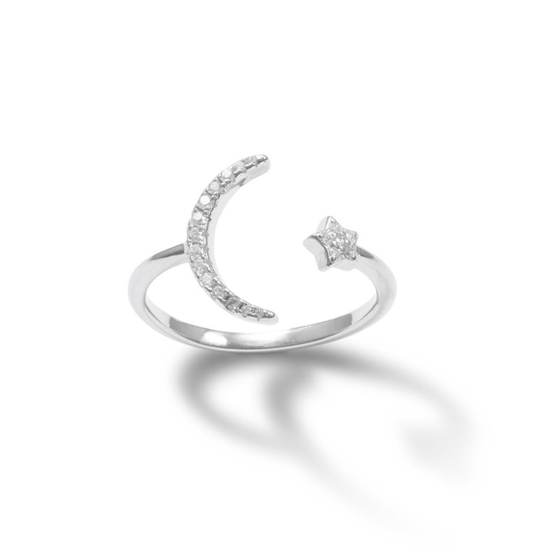 Cubic Zirconia Moon and Star Open Shank Ring in Solid Sterling Silver - Size 7