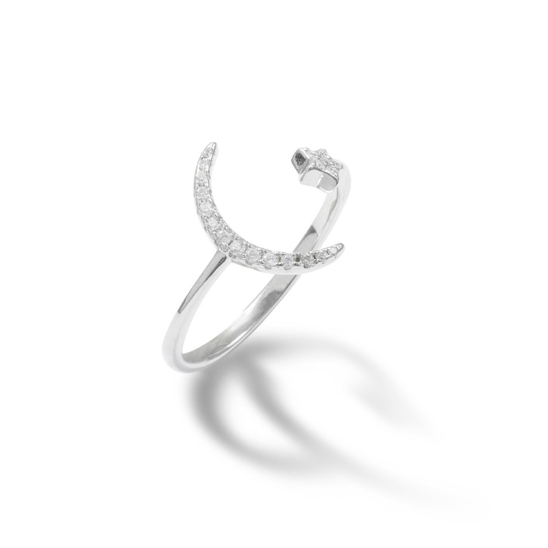 Main Image 2 of Sterling Silver CZ Moon and Star Open Shank Ring - Size 7