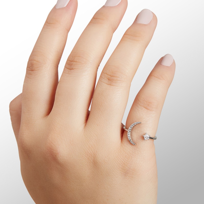 Main Image 3 of Sterling Silver CZ Moon and Star Open Shank Ring - Size 7