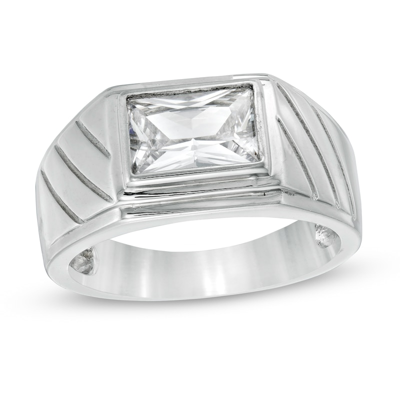 Sideways Rectangle Cubic Zirconia Signet Ring in Sterling Silver - Size 10