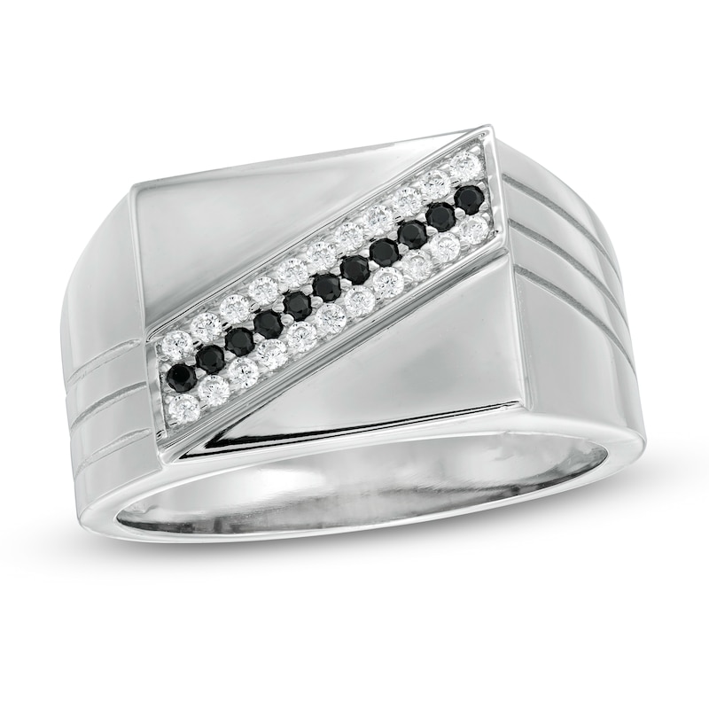 Black and White Cubic Zirconia center Diagonal Stripe Signet Ring in Sterling Silver - Size 10