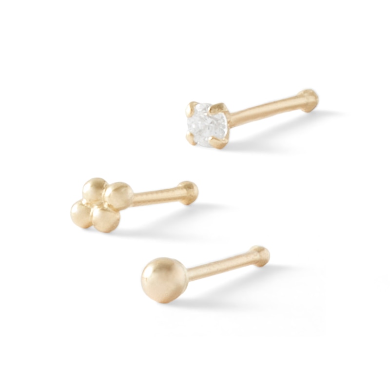 14K Semi-Solid and Hollow Gold CZ Three Piece Nose Stud Set - 22G