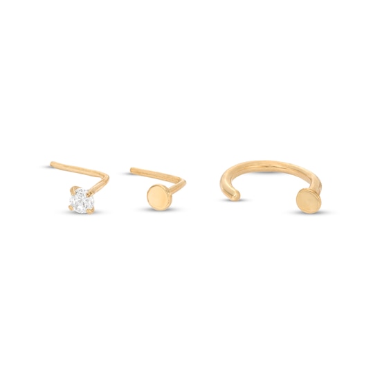 14K Semi-Solid Gold CZ Three Piece Nose Stud Set