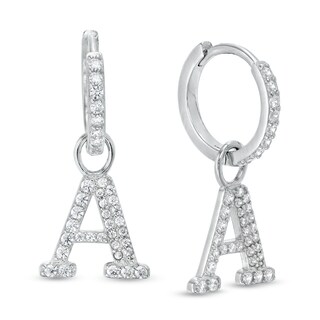 Cubic Zirconia Initial "A" Dangle Huggie Hoop Earrings in Sterling Silver
