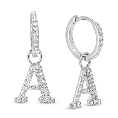 Cubic Zirconia Initial "A" Dangle Huggie Hoop Earrings in Sterling Silver