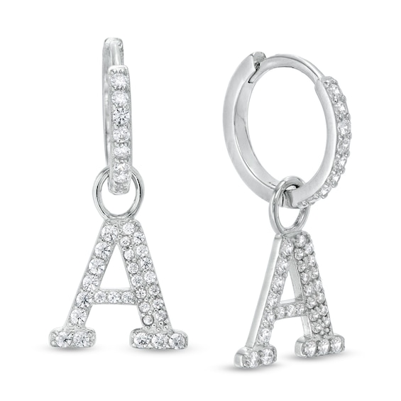 Cubic Zirconia Initial "A" Dangle Huggie Hoop Earrings in Sterling Silver