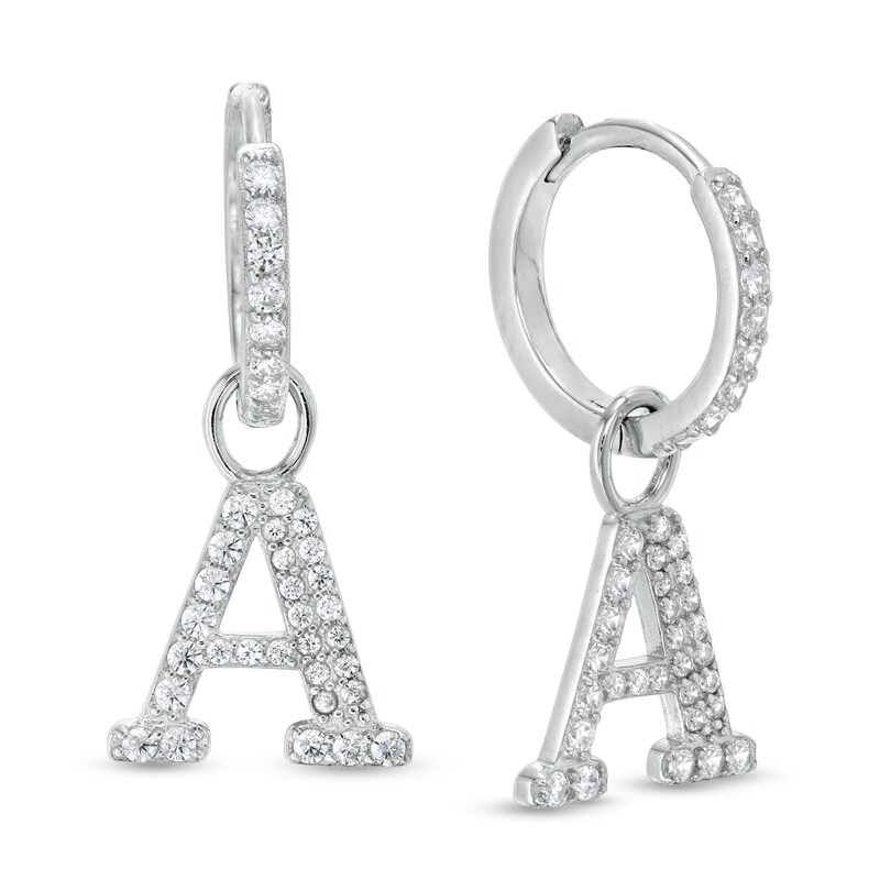 Cubic Zirconia Initial "A" Dangle Huggie Hoop Earrings in Sterling Silver