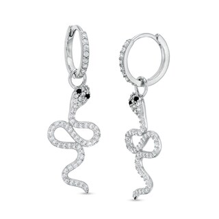 Cubic Zirconia Snake Dangle Huggie Hoop Earrings in Sterling Silver