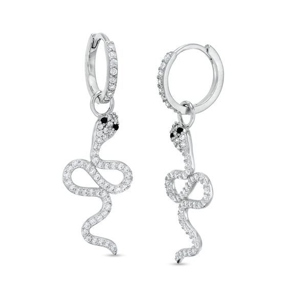Cubic Zirconia Snake Dangle Huggie Hoop Earrings in Sterling Silver