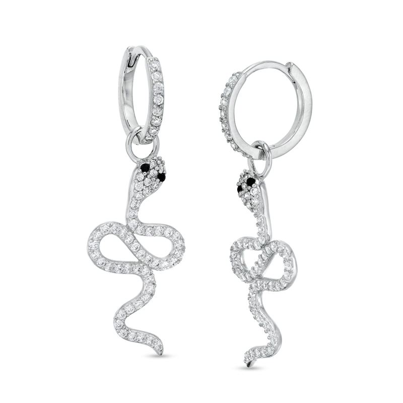 Cubic Zirconia Snake Dangle Huggie Hoop Earrings in Sterling Silver