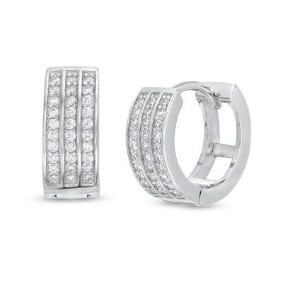 Cubic Zirconia Triple Row Huggie Hoop Earrings in Solid Sterling Silver