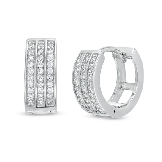 Cubic Zirconia Triple Row Huggie Hoop Earrings in Solid Sterling Silver