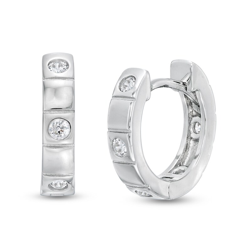 Cubic Zirconia Station Huggie Hoop Earrings in Sterling Silver