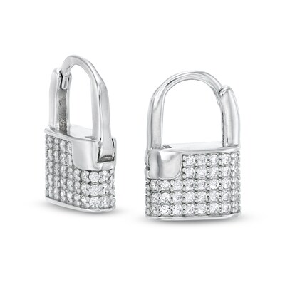 Cubic Zirconia Padlock Huggie Hoop Earrings in Sterling Silver