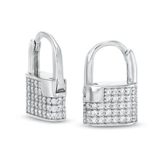 Cubic Zirconia Padlock Huggie Hoop Earrings in Sterling Silver