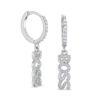 Cubic Zirconia "BOSS" Dangle Huggie Hoop Earrings in Sterling Silver
