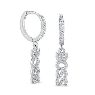 Cubic Zirconia "BOSS" Dangle Huggie Hoop Earrings in Sterling Silver