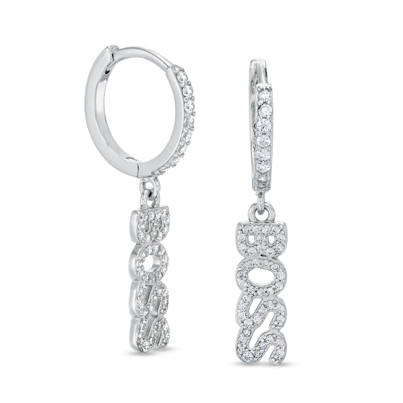 Cubic Zirconia "BOSS" Dangle Huggie Hoop Earrings in Sterling Silver
