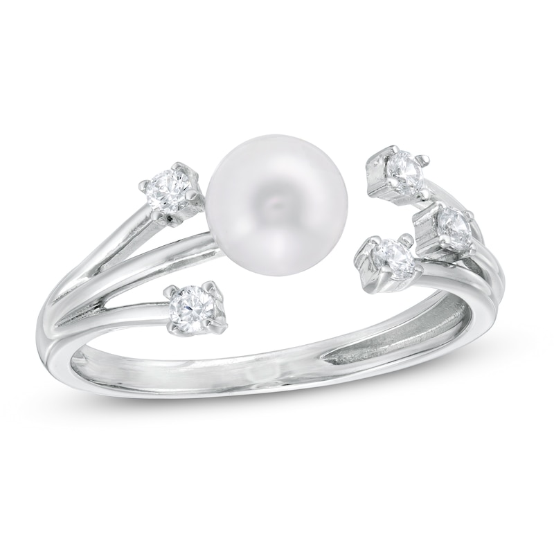 6mm Simulated Pearl and Cubic Zirconia Orbit Open Shank Ring in Sterling Silver - Size 7
