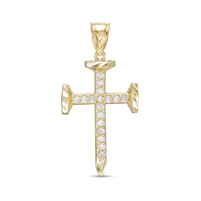 Cubic Zirconia 38mm Nail Cross Charm in 10K Gold