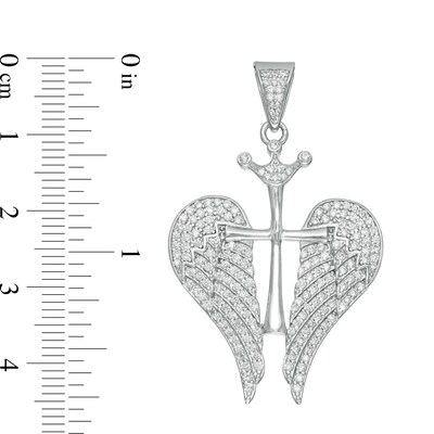 Cubic Zirconia Cross with Crown and Wings Charm in Sterling Silver
