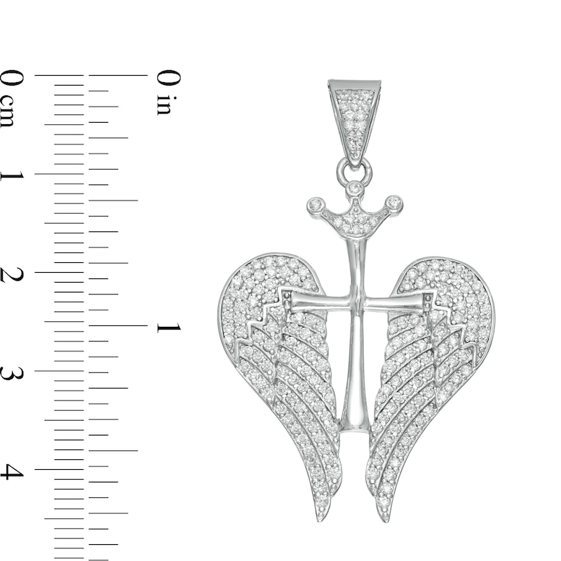 Cubic Zirconia Cross with Crown and Wings Charm in Sterling Silver