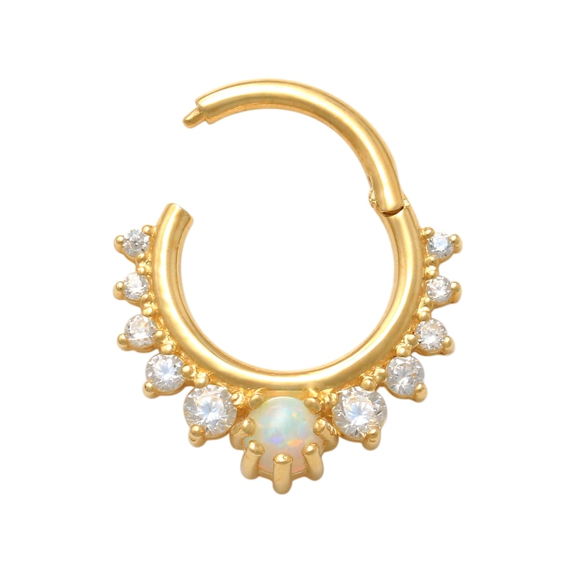 016 Gauge 8mm Simulated Opal and Cubic Zirconia Starburst Cartilage Hoop in 10K Gold