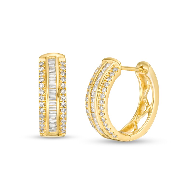 1/3 CT. T.W. Baguette and Round Diamond Edge Huggie Hoop Earrings in 10K Gold