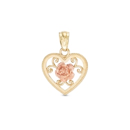 18mm Diamond-Cut Heart with Flower Charm in 10K Solid Two-Tone Gold