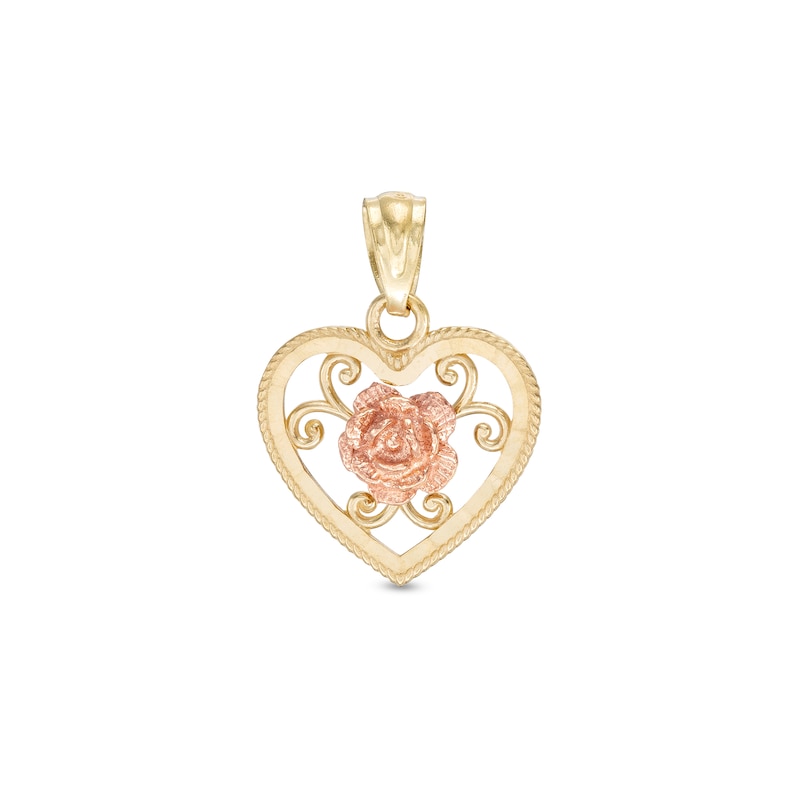 18mm Diamond-Cut Heart with Flower Charm in 10K Solid Two-Tone Gold