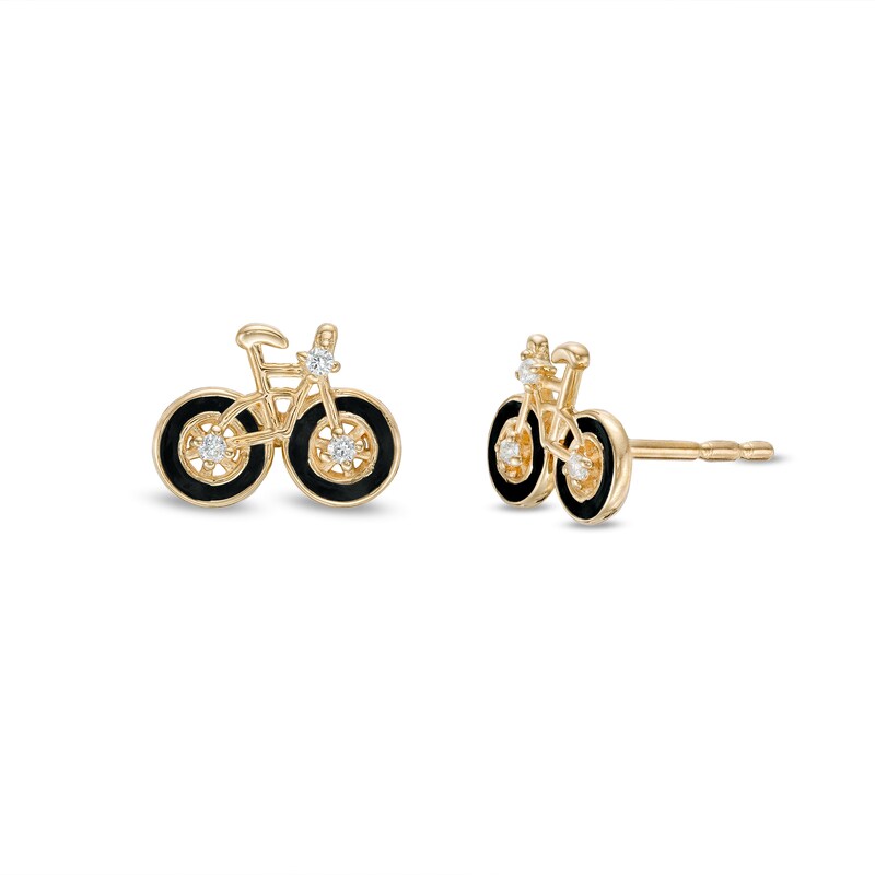 Cubic Zirconia Black Enamel Bicycle Stud Earrings in 10K Gold
