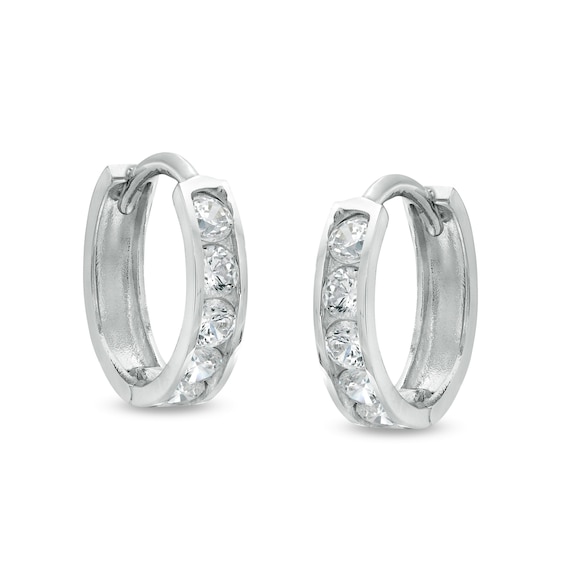 Cubic Zirconia Five Stone 9.5mm Huggie Hoop Earrings in 14K White Gold