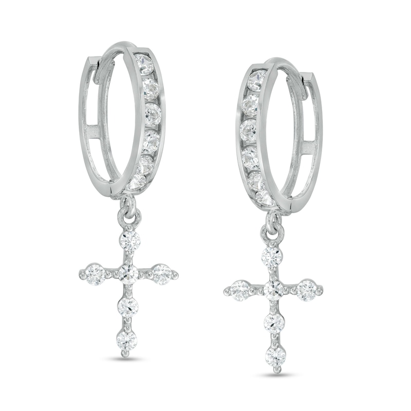 Cubic Zirconia Cross Dangle Huggie Hoop Earrings in 14K White Gold