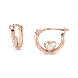Cubic Zirconia Heart Frame 10mm Tube Hoop Earrings in 10K Rose Gold