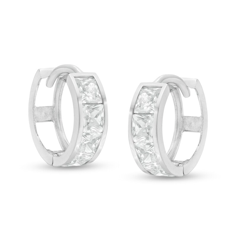 14K White Gold Princess Cut Cubic Zirconia Channel Set Huggie Hoop Earrings 14K White Gold Princess Cut Cubic Zirconia Channel Set Huggie Hoop Earrings