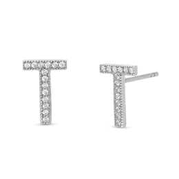 Cubic Zirconia &quot;T&quot; Initial Stud Earrings in Solid Sterling Silver