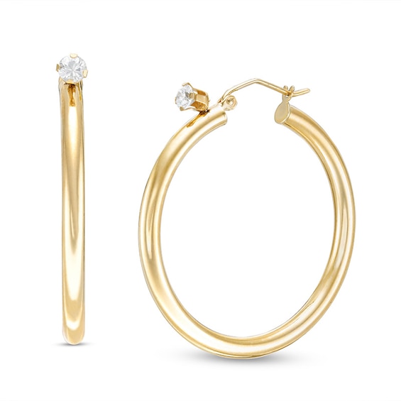 10K Tube Hollow Gold CZ Polished Hoops