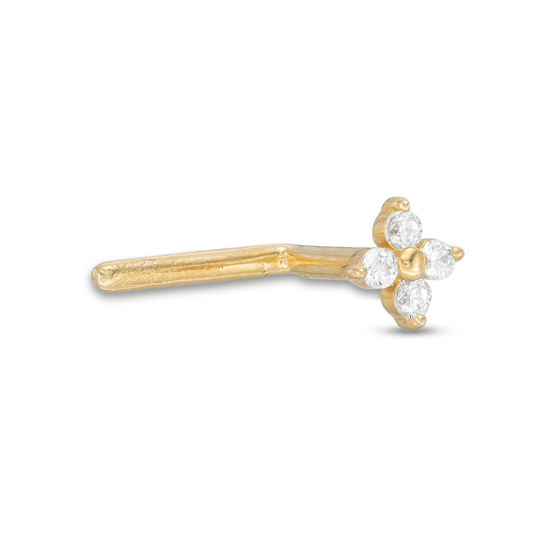 14K Semi-Solid Gold CZ Four-Stone Flower L-Shape Nose Ring - 20G 1/4"