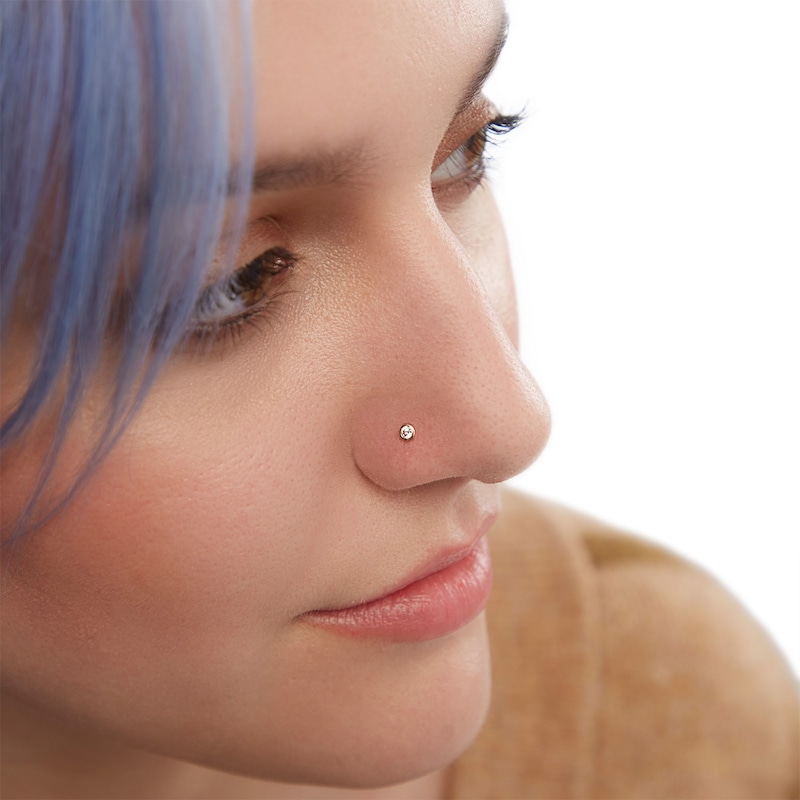 14K Semi-Solid Gold CZ Bezel L-Shape Nose Ring - 20G 1/4"