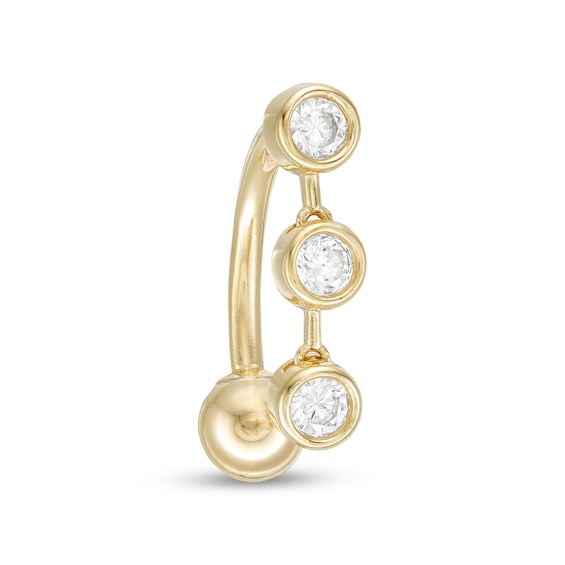 014 Gauge 3mm Cubic Zirconia Three Stone Bubble Dangle Top-Down Belly Button Ring in 10K Gold