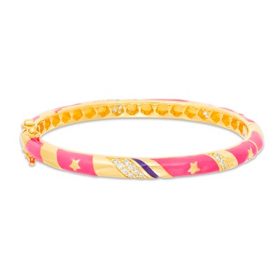 Child's Cubic Zirconia Pink and Purple Enamel Stars Bangle in Brass with 18K Gold Plate - 2"