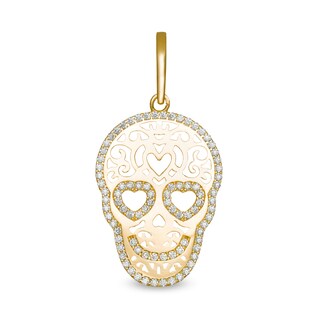 Cubic Zirconia Filigree Sugar Skull Necklace Charm in 10K Gold
