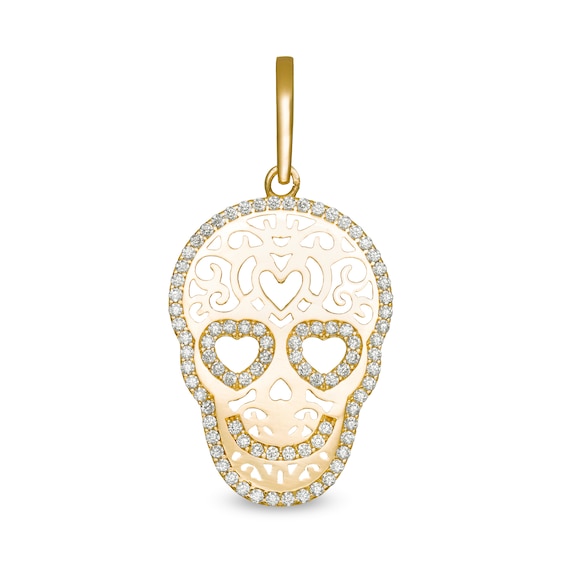 Cubic Zirconia Filigree Sugar Skull Necklace Charm in 10K Gold