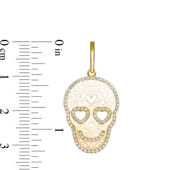 Cubic Zirconia Filigree Sugar Skull Necklace Charm in 10K Gold
