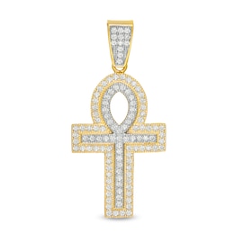 Cubic Zirconia Vintage-Style Double Ankh Cross Necklace Charm in 10K Solid Two-Tone Gold
